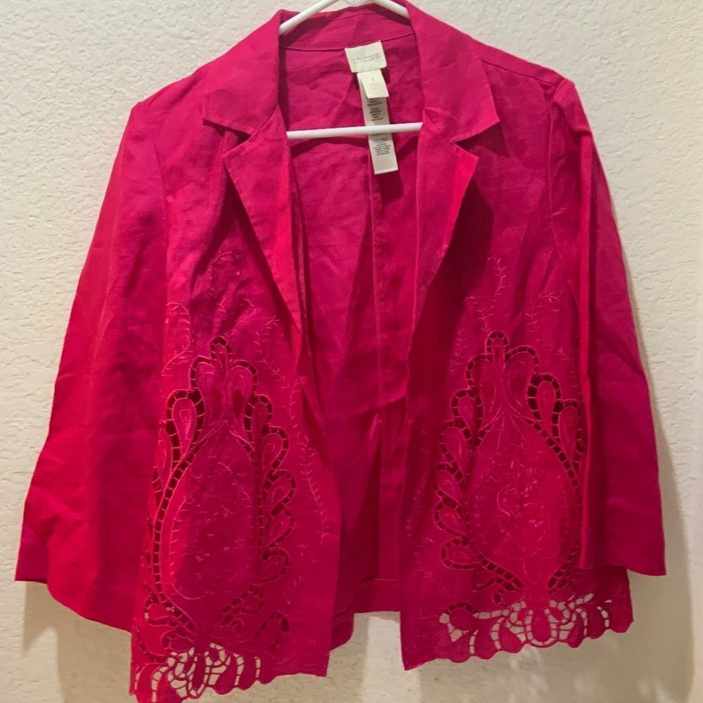 Chicos Sz 1(M 8) Open Jacket Blazer Coat LINEN Floral Raspberry Pink